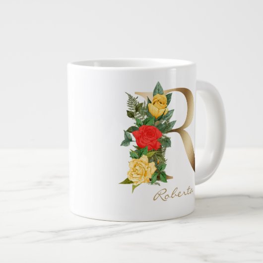 Rレター金ゴールドモノグラムイエローレッドローズフローラ ジャンボコーヒーマグカップ (正面右)