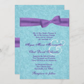 R541を結婚する水および紫色のダマスク織および弓 招待状 (正面/裏面)