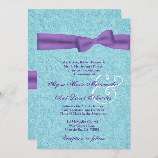 R541を結婚する水および紫色のダマスク織および弓 招待状 (正面/裏面)
