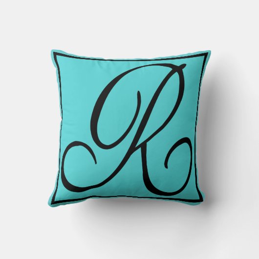 R – 水色の背景の文字R クッション (裏面)