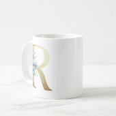 R、黄金のイニシャルと青いフローラの葉 コーヒーマグカップ (正面左)