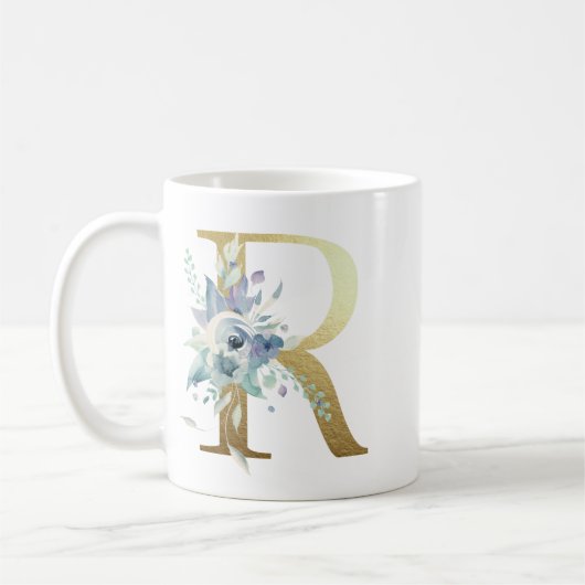 R、黄金のイニシャルと青いフローラの葉 コーヒーマグカップ (左)