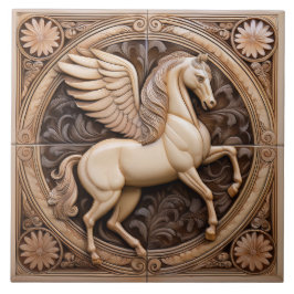 R Beige faux relief Art Nouveau Winged Horse タイル