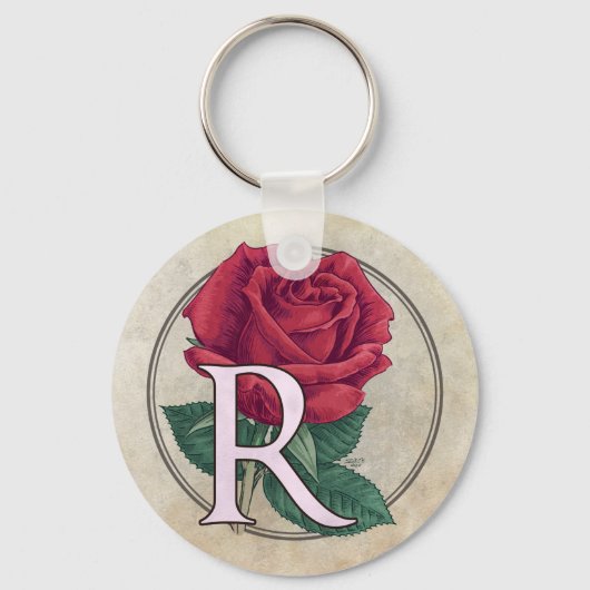 R for Rose Flower Monogram キーホルダー (正面)