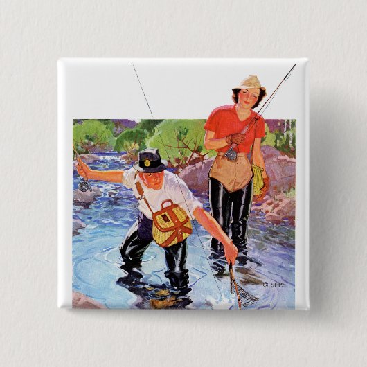 R.J.による魚の網取りカバリエ 缶バッジ (正面)