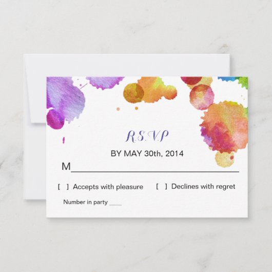 R S V Pの応答カードを結婚する水彩画のペンキのsplat 出欠カード (正面)