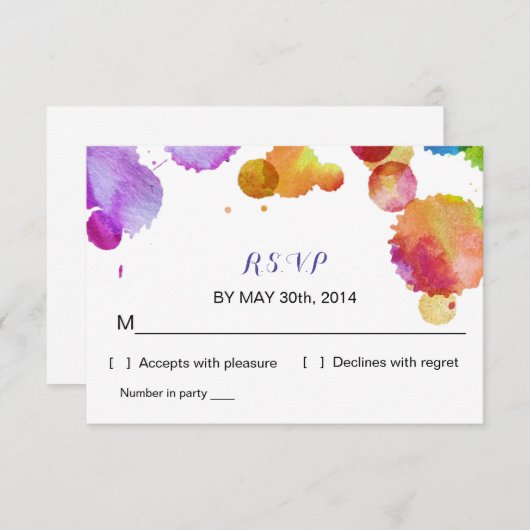 R S V Pの応答カードを結婚する水彩画のペンキのsplat 出欠カード (正面/裏面)