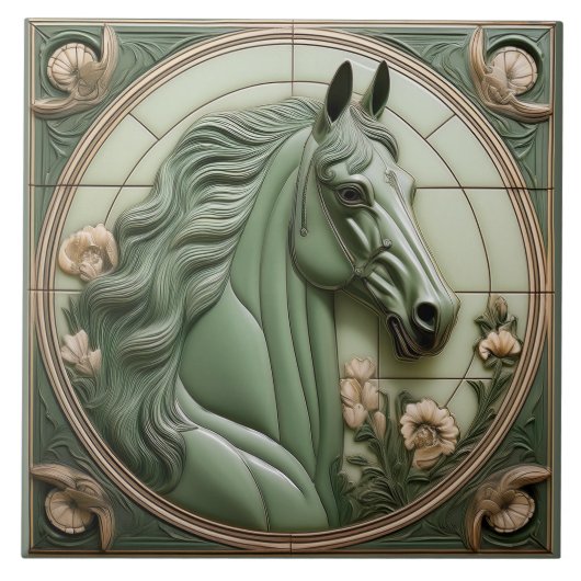 R Sage green faux relief Art Nouveau Horse Head タイル (正面)