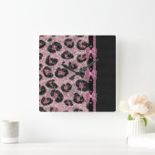 RABロカビリーピンクレオパード印刷リボン湾曲形 スクエア壁時計 (ホーム)