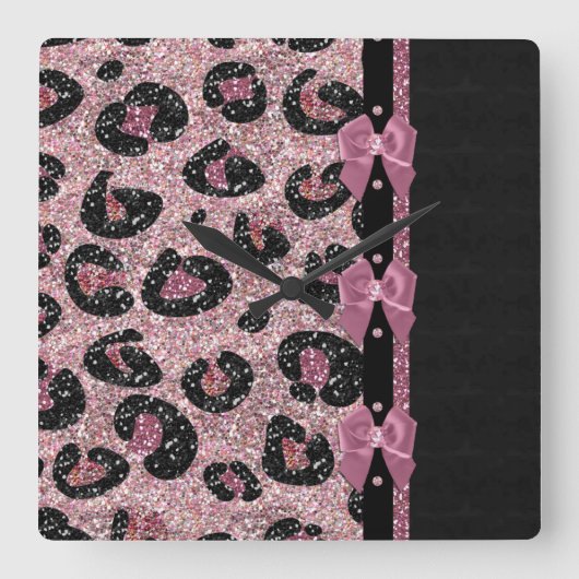 RABロカビリーピンクレオパード印刷リボン湾曲形 スクエア壁時計 (正面)