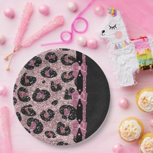 RAB Rockabilly Pink Leopard Print Ribbon Bows ペーパープレート (パーティー)
