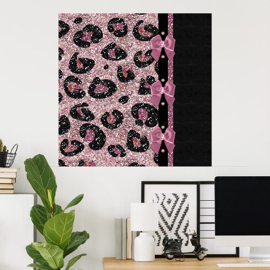 RAB Rockabilly Pink Leopard Print Ribbon Bows ポスター (ホームオフィス)