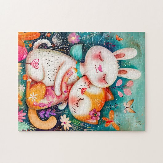 Rabbit and Cat Hugging each other with butterflys  ジグソーパズル (横)