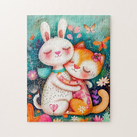 Rabbit and Cat Hugging each other with butterflys  ジグソーパズル (縦)