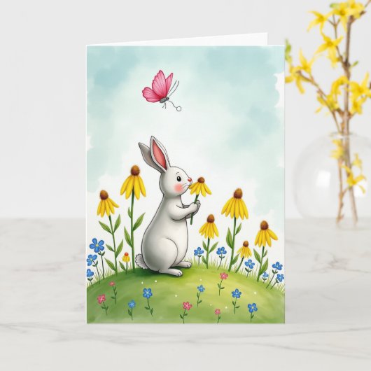 Rabbit And Flowers Cute Scene Card カード (黄色い花)