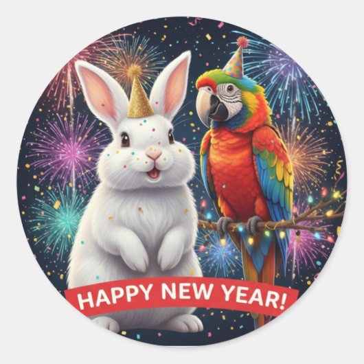 Rabbit and Parrot New Year Sticker ラウンドシール (正面)