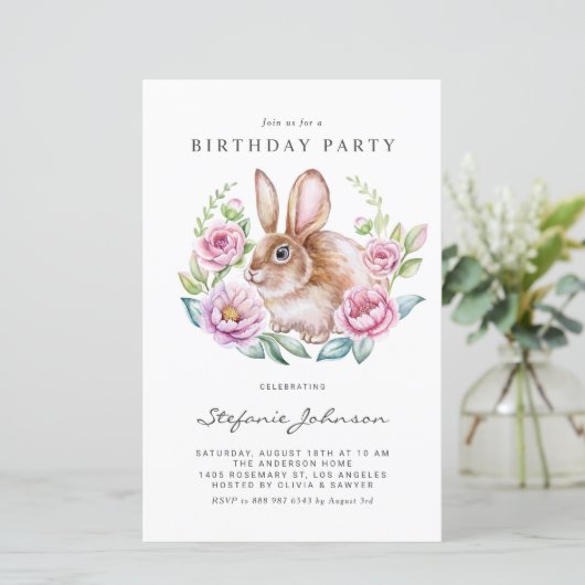 Rabbit and Pink Flowers Birthday Party Invitation (スタンド正面)