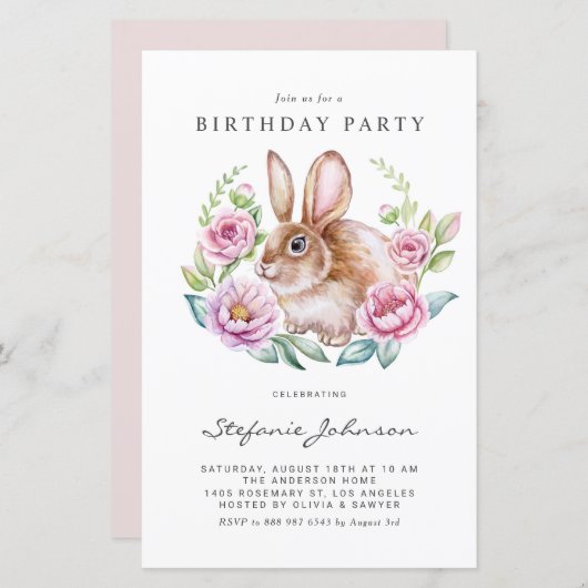 Rabbit and Pink Flowers Birthday Party Invitation (正面/裏面)