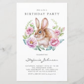 Rabbit and Pink Flowers Birthday Party Invitation (正面)