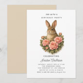 Rabbit and Pink Flowers Birthday Party Invitation シーズンカード (正面/裏面)