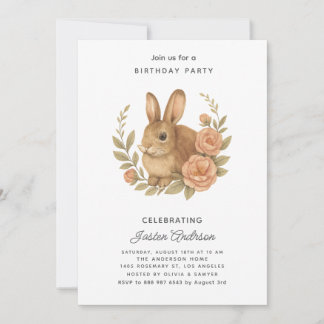 Rabbit and Pink Flowers Birthday Party Invitation シーズンカード