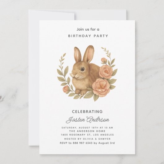 Rabbit and Pink Flowers Birthday Party Invitation シーズンカード (正面)
