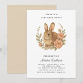 Rabbit and Pink Flowers Birthday Party Invitation シーズンカード (正面/裏面)