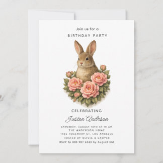 Rabbit and Pink Flowers Birthday Party Invitation シーズンカード