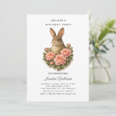 Rabbit and Pink Flowers Birthday Party Invitation シーズンカード (スタンド正面)