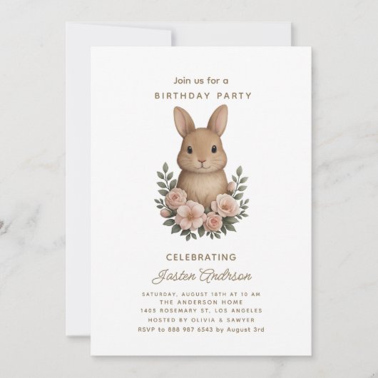 Rabbit and Pink Flowers Birthday Party Invitation シーズンカード (正面)