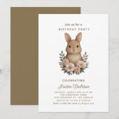 Rabbit and Pink Flowers Birthday Party Invitation シーズンカード (正面/裏面)
