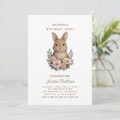 Rabbit and Pink Flowers Birthday Party Invitation シーズンカード (スタンド正面)