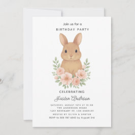 Rabbit and Pink Flowers Birthday Party Invitation シーズンカード