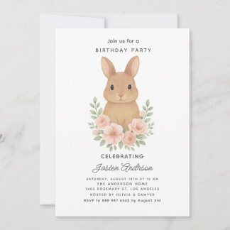 Rabbit and Pink Flowers Birthday Party Invitation シーズンカード
