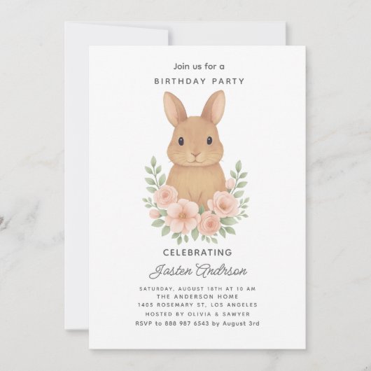 Rabbit and Pink Flowers Birthday Party Invitation シーズンカード (正面)