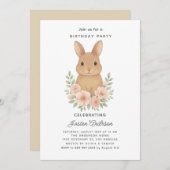 Rabbit and Pink Flowers Birthday Party Invitation シーズンカード (正面/裏面)