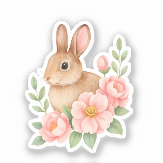 Rabbit and Pink Flowers Easter シール (正面)