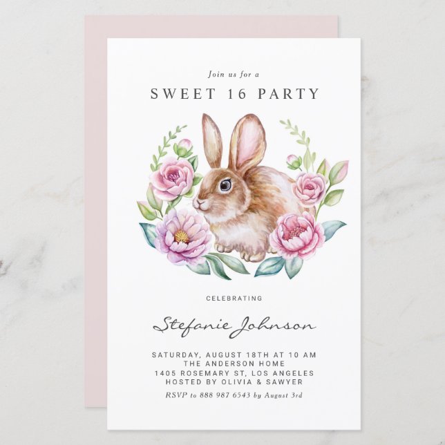 Rabbit and Pink Flowers Sweet 16 Party Invitation (正面/裏面)