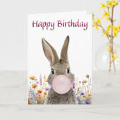 Rabbit Blowing Pink Bubble gum Happy Birthday カード (黄色い花)