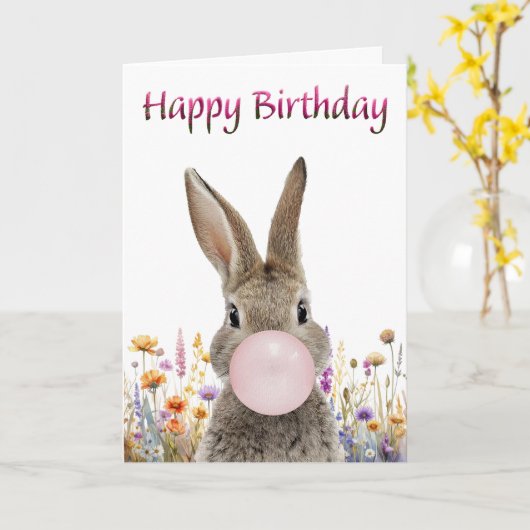 Rabbit Blowing Pink Bubble gum Happy Birthday カード (黄色い花)