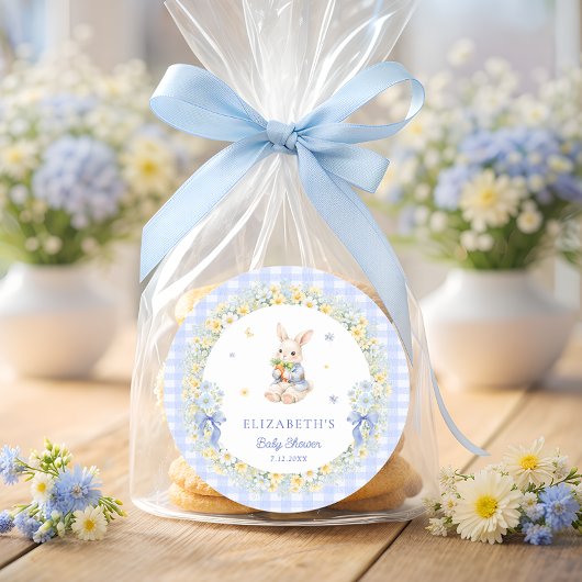 Rabbit Blue Gingham Baby Shower Thank You ラウンドシール