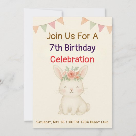 Rabbit Bunny Birthday Invitation 招待状 (正面)
