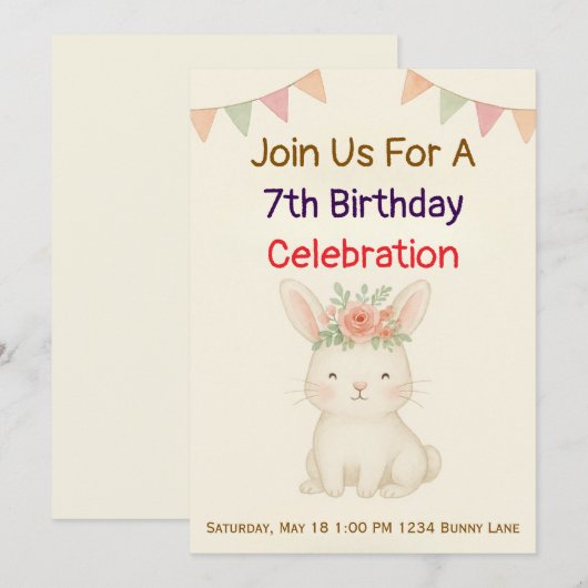 Rabbit Bunny Birthday Invitation 招待状 (正面/裏面)