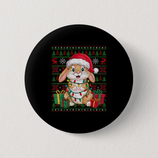 Rabbit Bunny Xmas Lights Ugly Santa Hat Bunny Chri 缶バッジ (正面)