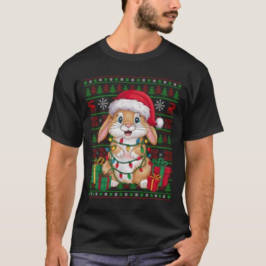 Rabbit Bunny Xmas Lights Ugly Santa Hat Bunny Chri Tシャツ (正面)