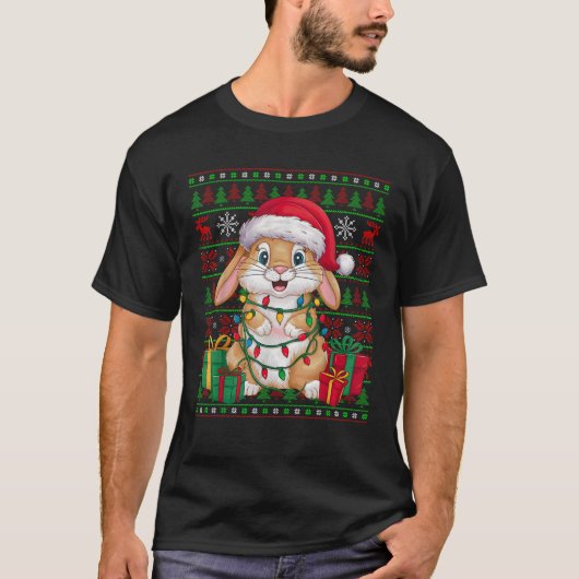 Rabbit Bunny Xmas Lights Ugly Santa Hat Bunny Chri Tシャツ (正面)