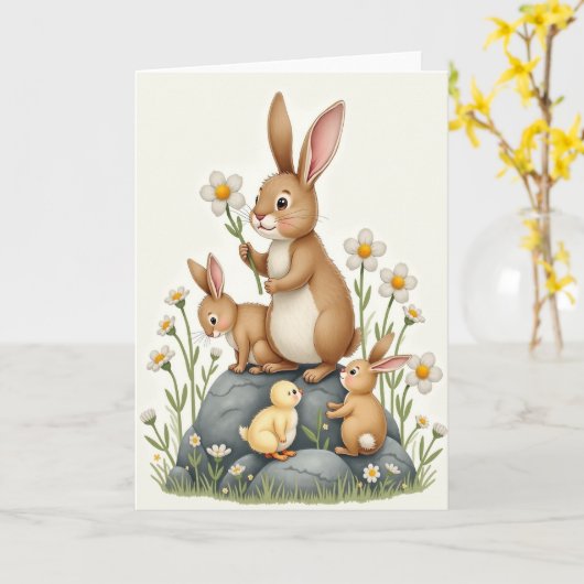 Rabbit Family Springtime Scene Card カード (黄色い花)