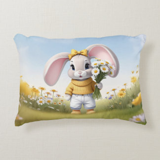 Rabbit holding bouquet of white daisies アクセントクッション
