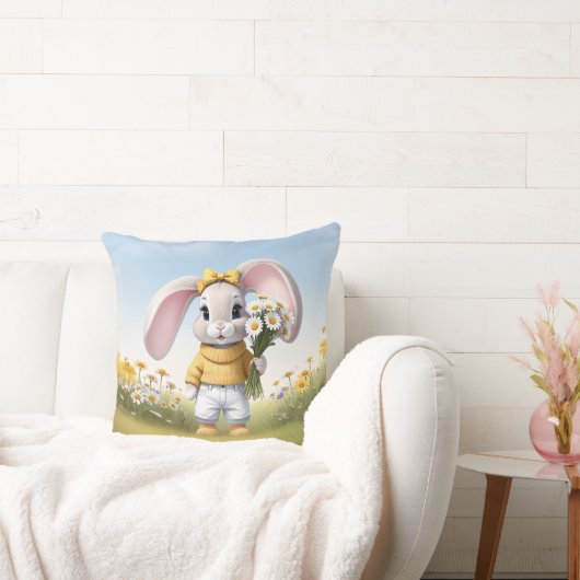 Rabbit holding bouquet of white daisies クッション (ソファ)