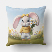 Rabbit holding bouquet of white daisies クッション (裏面)